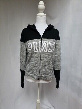 Victoria's Secret PINK Gray Black Full Zip Hoodie Size M Cozy Logo